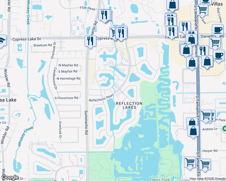 map of restaurants, bars, coffee shops, grocery stores, and more near 2424 Reflections Parkway in Fort Myers