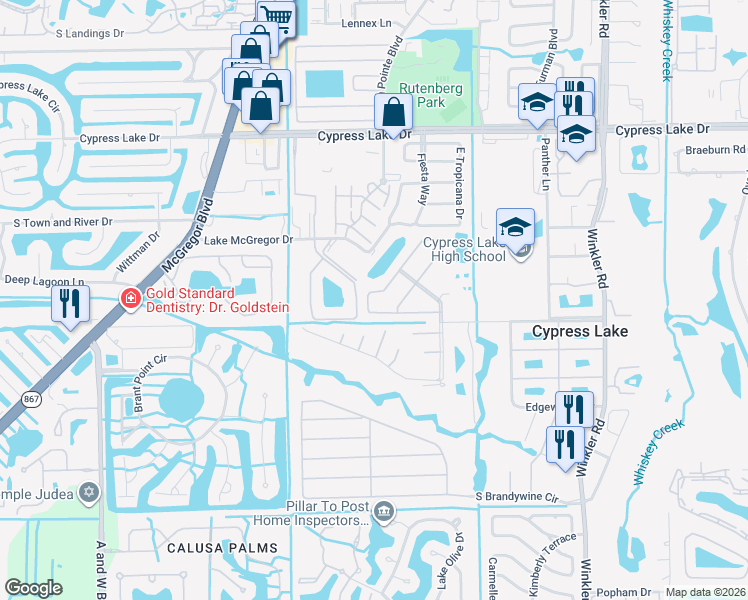 map of restaurants, bars, coffee shops, grocery stores, and more near 6895 Sandtrap Drive North in Fort Myers