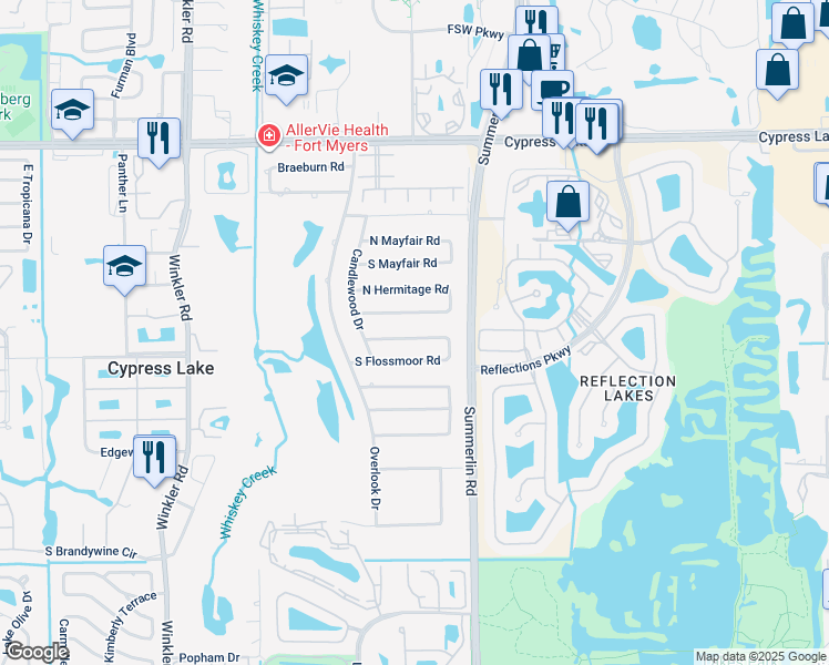 map of restaurants, bars, coffee shops, grocery stores, and more near 1657 North Flossmoor Road in Fort Myers