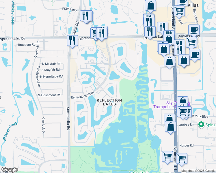 map of restaurants, bars, coffee shops, grocery stores, and more near 13915 Lily Pad Circle in Fort Myers