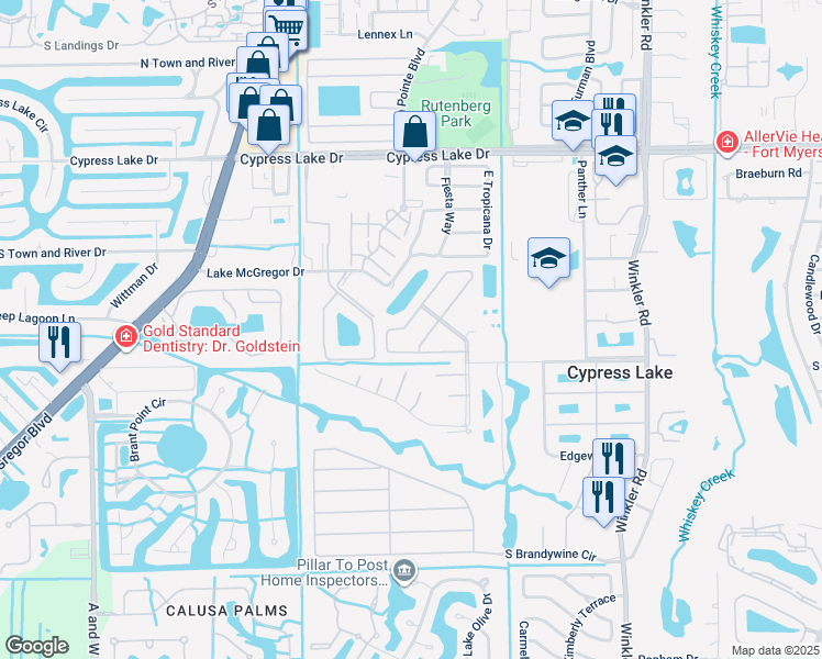 map of restaurants, bars, coffee shops, grocery stores, and more near 6885 Sandtrap Drive in Fort Myers