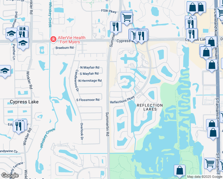 map of restaurants, bars, coffee shops, grocery stores, and more near 7850 Lake Mahogany Boulevard in Fort Myers