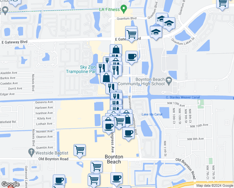 map of restaurants, bars, coffee shops, grocery stores, and more near 1410 Piazza Delle Pallottole in Boynton Beach