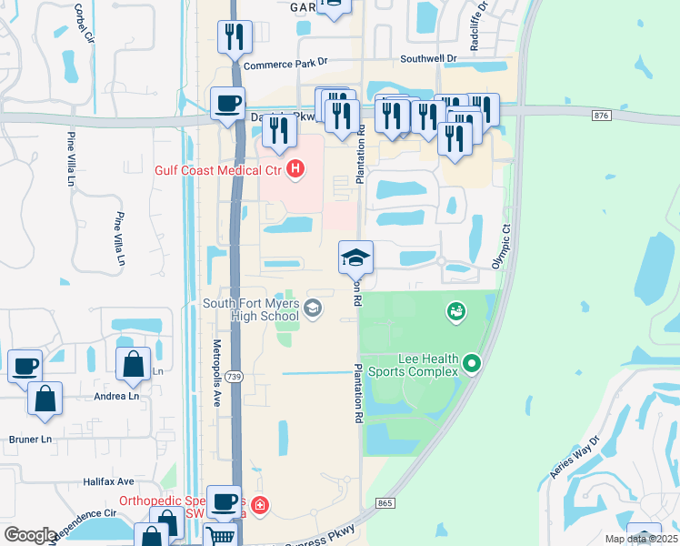 map of restaurants, bars, coffee shops, grocery stores, and more near 13960 Plantation Road in Fort Myers