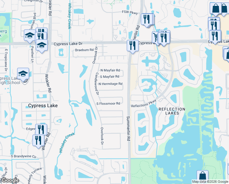 map of restaurants, bars, coffee shops, grocery stores, and more near 1657 North Flossmoor Road in Fort Myers