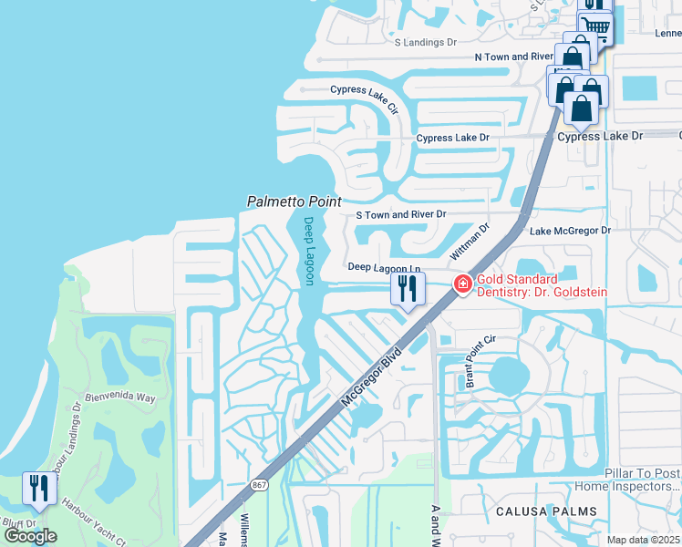 map of restaurants, bars, coffee shops, grocery stores, and more near 840 Deep Lagoon Lane in Fort Myers