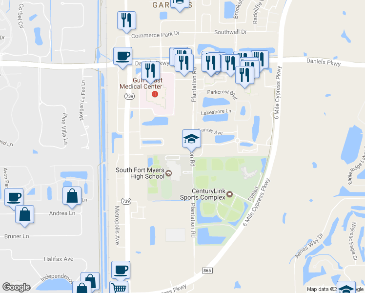 map of restaurants, bars, coffee shops, grocery stores, and more near 13960 Plantation Road in Fort Myers