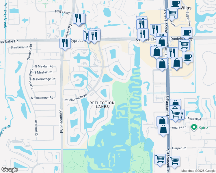 map of restaurants, bars, coffee shops, grocery stores, and more near 13875 Lily Pad Circle in Fort Myers