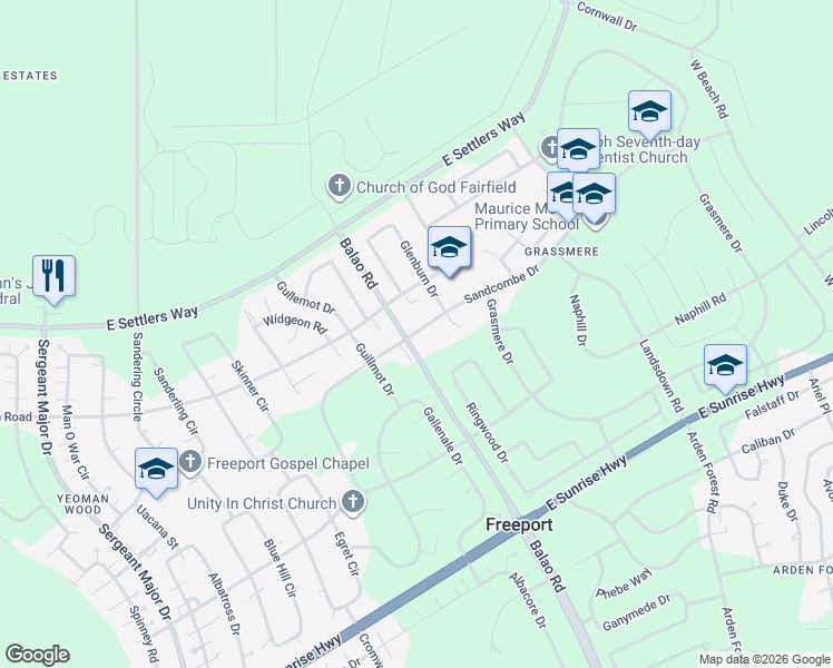 map of restaurants, bars, coffee shops, grocery stores, and more near Balao Road in Freeport