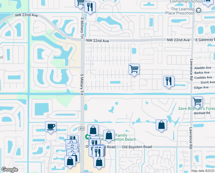 map of restaurants, bars, coffee shops, grocery stores, and more near La Paloma Boulevard in Boynton Beach