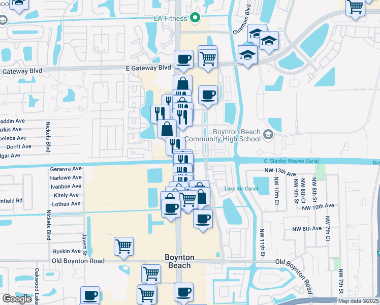 map of restaurants, bars, coffee shops, grocery stores, and more near 1369 Piazza Delle Pallottole in Boynton Beach