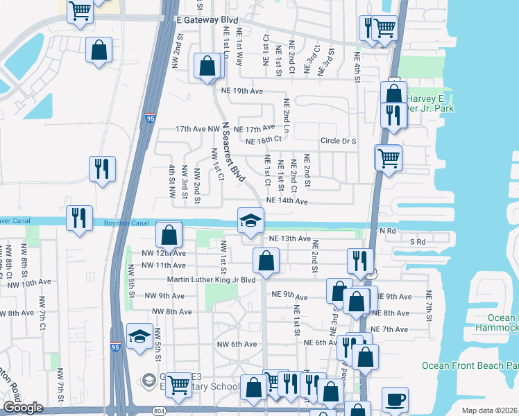 map of restaurants, bars, coffee shops, grocery stores, and more near 1401 North Seacrest Boulevard in Boynton Beach