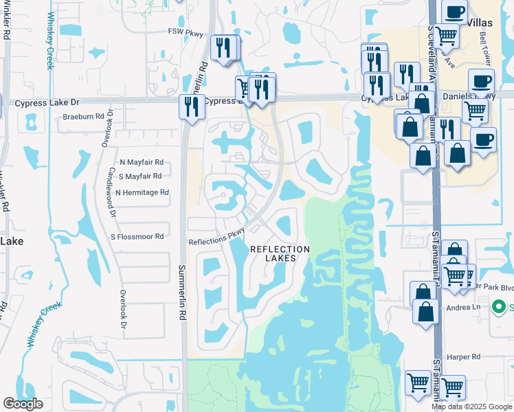 map of restaurants, bars, coffee shops, grocery stores, and more near 13940 Lily Pad Circle in Fort Myers