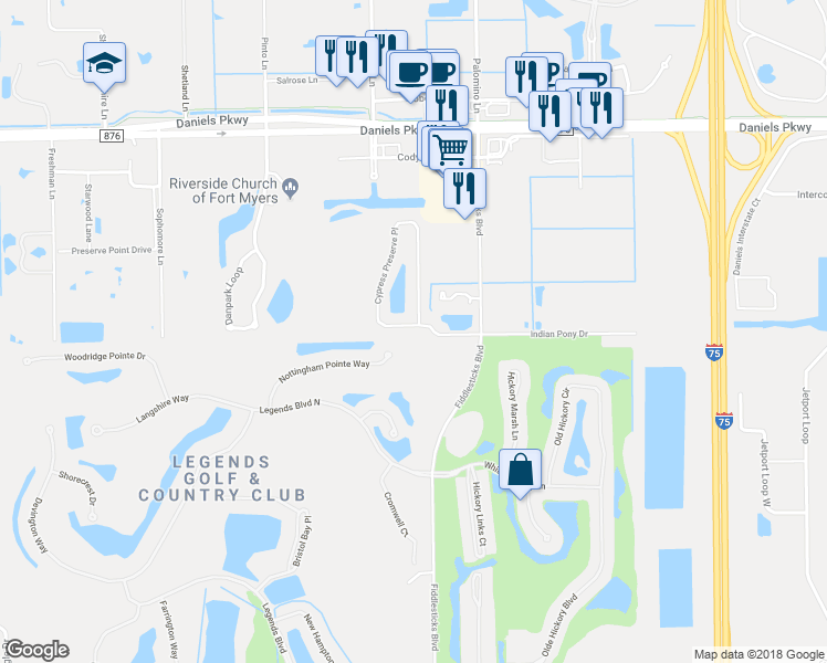 map of restaurants, bars, coffee shops, grocery stores, and more near 8976 Cypress Preserve Place in Fort Myers