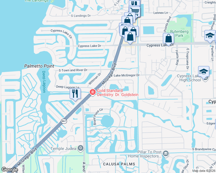 map of restaurants, bars, coffee shops, grocery stores, and more near 9601 Bay Harbor Circle in Fort Myers