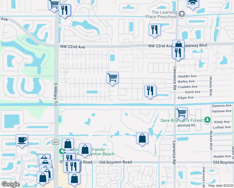 map of restaurants, bars, coffee shops, grocery stores, and more near 9255 Lawrence Road in Boynton Beach