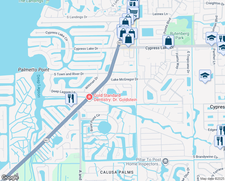 map of restaurants, bars, coffee shops, grocery stores, and more near 9740 Bay Harbor Circle in Fort Myers