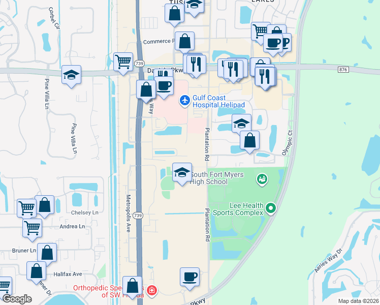 map of restaurants, bars, coffee shops, grocery stores, and more near Medical Park Loop in Fort Myers