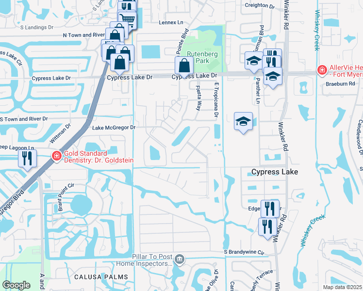 map of restaurants, bars, coffee shops, grocery stores, and more near 6885 Sandtrap Drive in Fort Myers