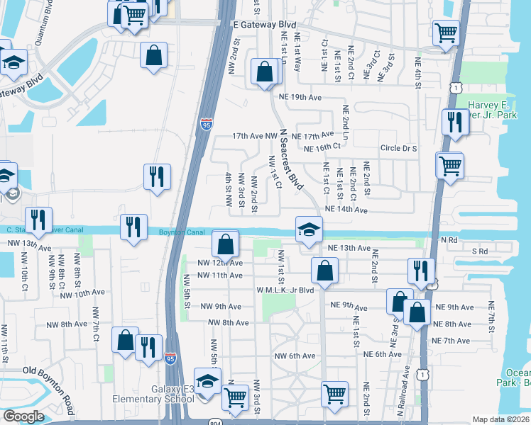 map of restaurants, bars, coffee shops, grocery stores, and more near 1451 Northwest 2nd Street in Boynton Beach