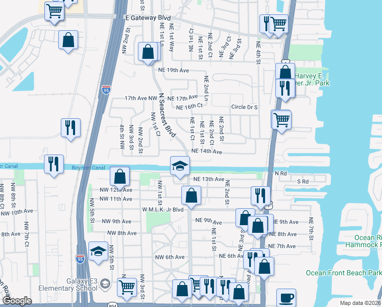 map of restaurants, bars, coffee shops, grocery stores, and more near 1414 North Seacrest Boulevard in Boynton Beach