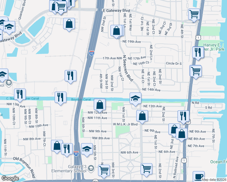 map of restaurants, bars, coffee shops, grocery stores, and more near 1451 Northwest 2nd Street in Boynton Beach