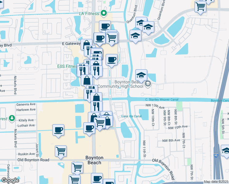 map of restaurants, bars, coffee shops, grocery stores, and more near 1346 Vía De Pepi in Boynton Beach