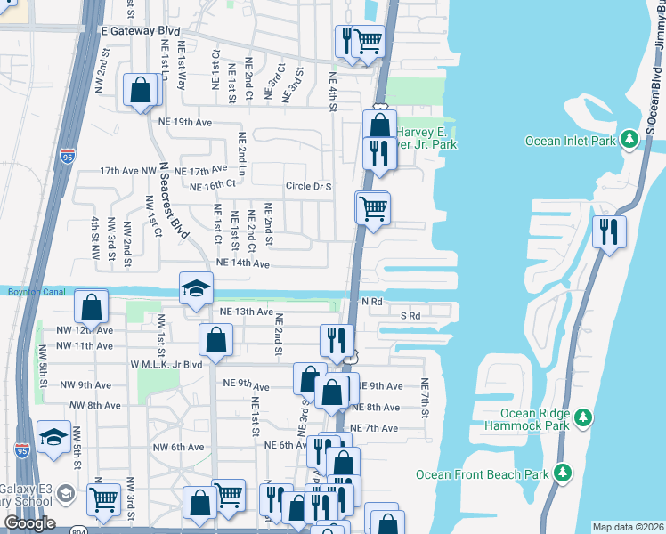 map of restaurants, bars, coffee shops, grocery stores, and more near 1500 Northeast 4th Street in Boynton Beach