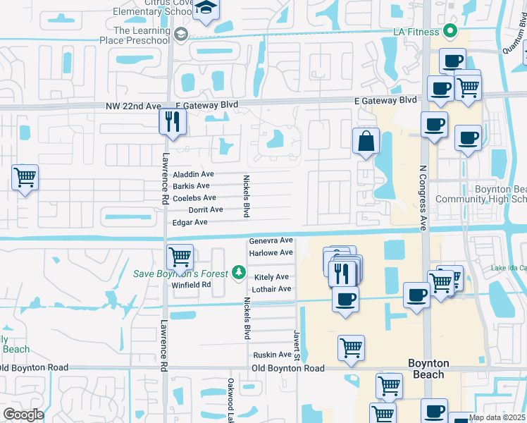 map of restaurants, bars, coffee shops, grocery stores, and more near 3590 Coelebs Avenue in Boynton Beach
