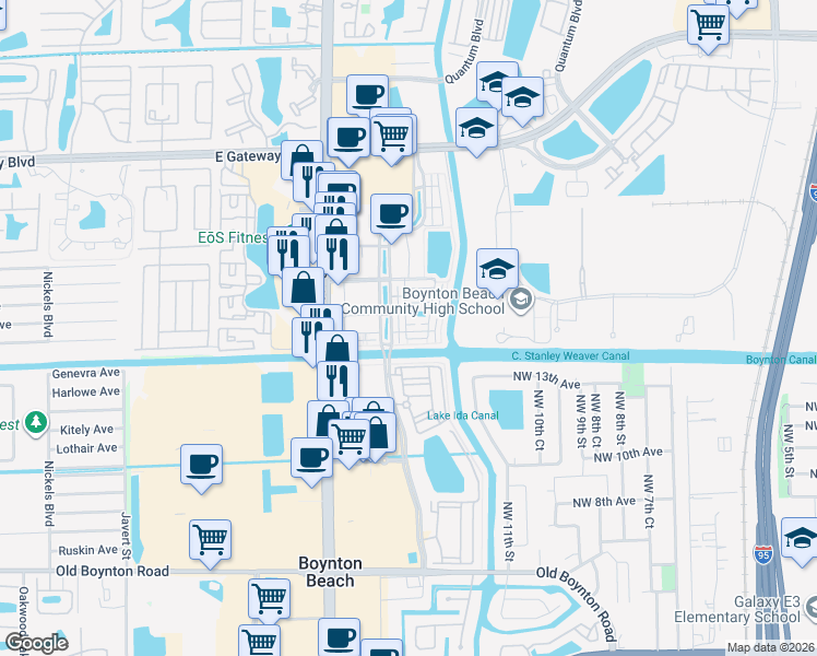map of restaurants, bars, coffee shops, grocery stores, and more near 1425 Vía De Pepi in Boynton Beach