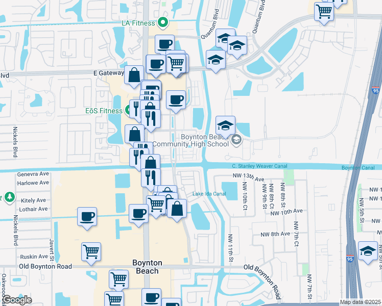 map of restaurants, bars, coffee shops, grocery stores, and more near 1425 Vía Alferi in Boynton Beach