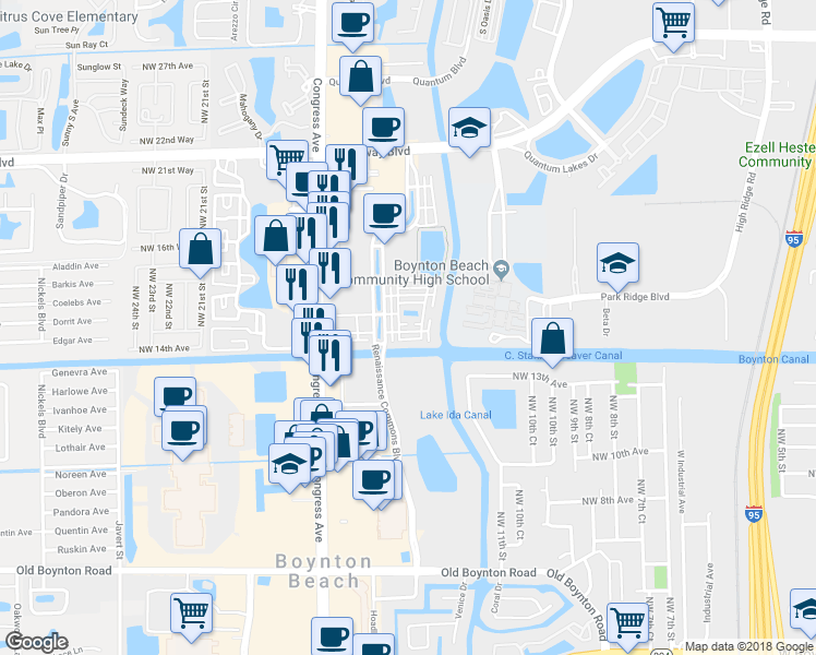 map of restaurants, bars, coffee shops, grocery stores, and more near 1250 Vía Panzani in Boynton Beach