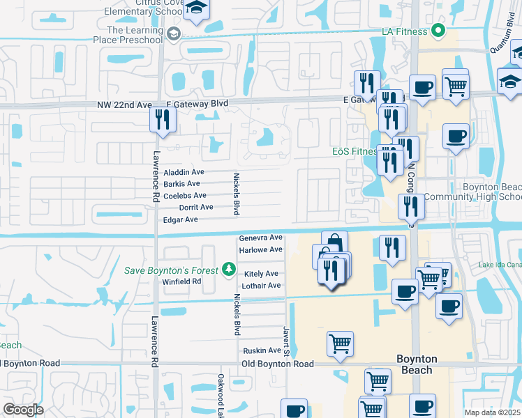 map of restaurants, bars, coffee shops, grocery stores, and more near 3590 Coelebs Avenue in Boynton Beach