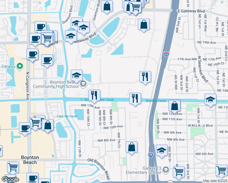 map of restaurants, bars, coffee shops, grocery stores, and more near Beta Dr in Boynton Beach