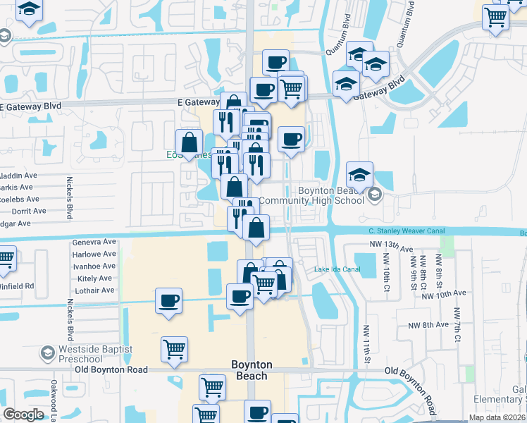 map of restaurants, bars, coffee shops, grocery stores, and more near 3 Renaissance Way in Boynton Beach
