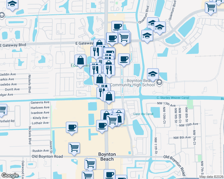map of restaurants, bars, coffee shops, grocery stores, and more near 3207 Renaissance Way in Boynton Beach