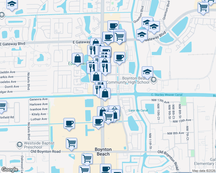 map of restaurants, bars, coffee shops, grocery stores, and more near 3207 Renaissance Way in Boynton Beach
