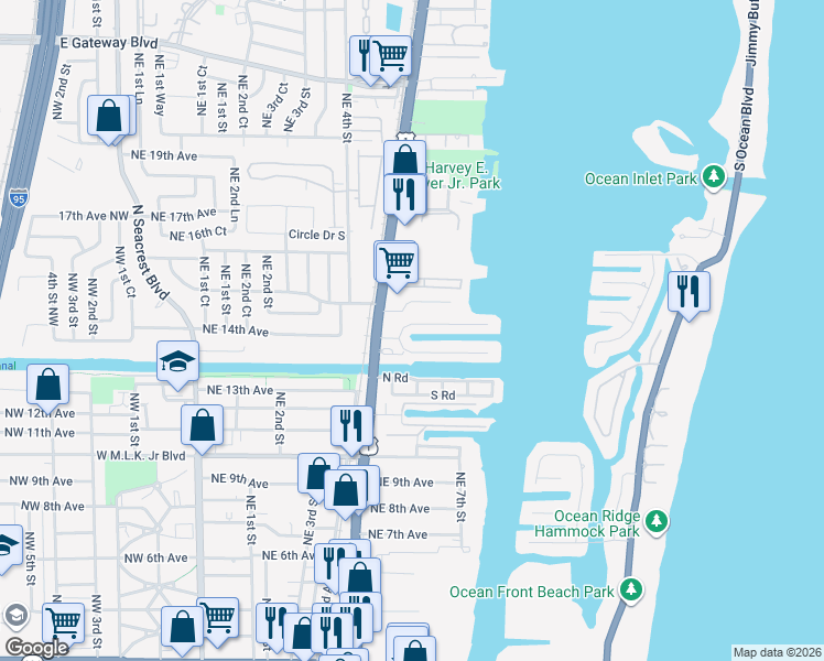 map of restaurants, bars, coffee shops, grocery stores, and more near 634 Ocean Inlet Drive in Boynton Beach