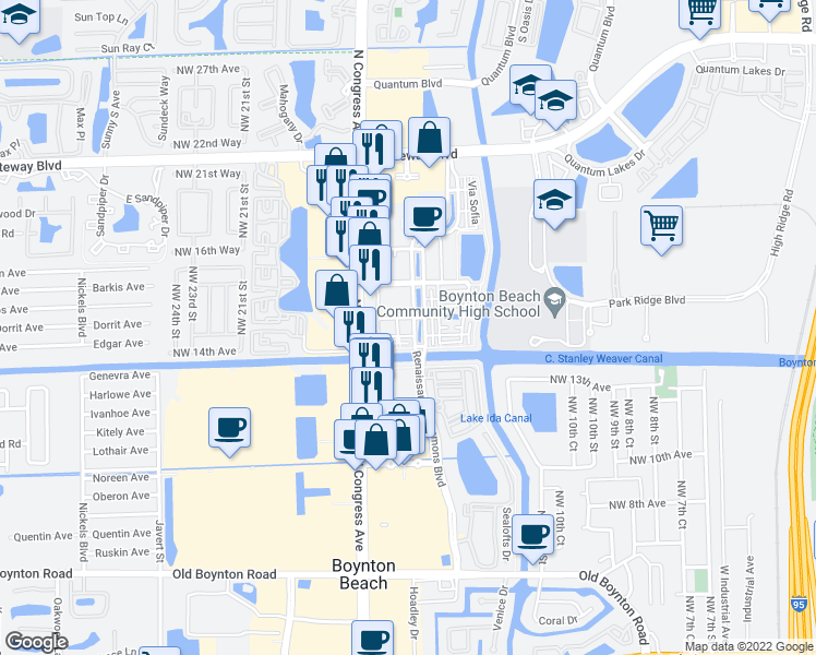 map of restaurants, bars, coffee shops, grocery stores, and more near 3207 Renaissance Way in Boynton Beach