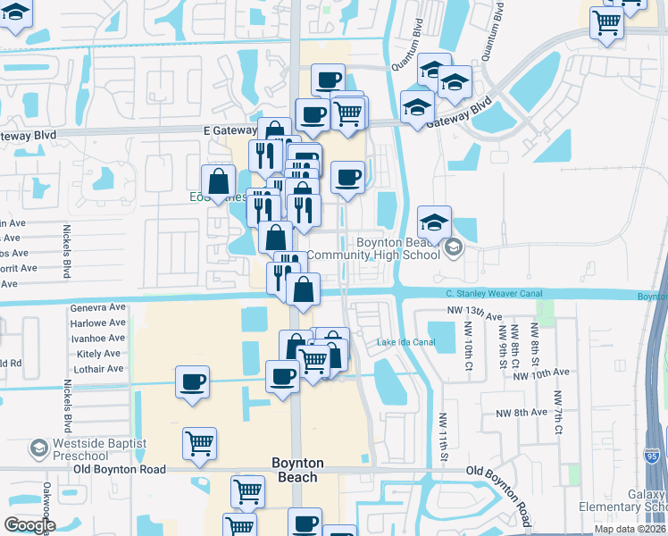 map of restaurants, bars, coffee shops, grocery stores, and more near 3207 Renaissance Way in Boynton Beach