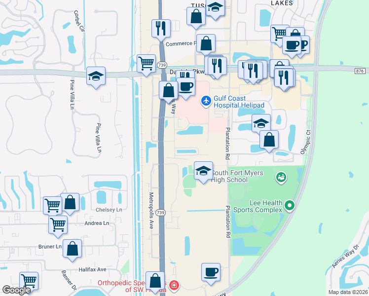 map of restaurants, bars, coffee shops, grocery stores, and more near Medical Park Loop in Lee County