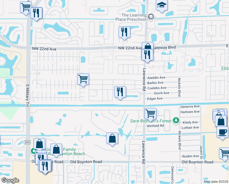 map of restaurants, bars, coffee shops, grocery stores, and more near 4247 Mission Bell Drive in Boynton Beach