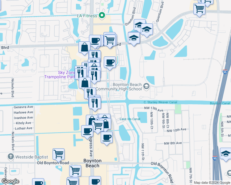 map of restaurants, bars, coffee shops, grocery stores, and more near 1263 Vía Panzani in Boynton Beach