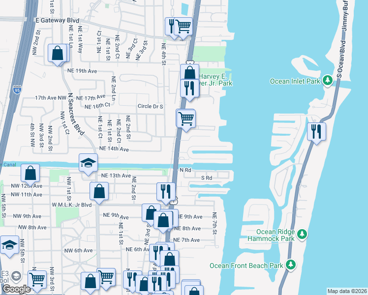 map of restaurants, bars, coffee shops, grocery stores, and more near 1550 North Federal Highway in Boynton Beach