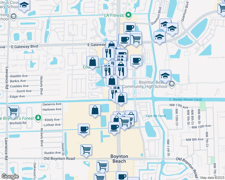 map of restaurants, bars, coffee shops, grocery stores, and more near 1601 Congress Avenue in Boynton Beach