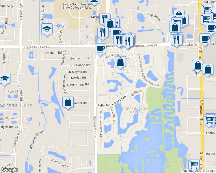 map of restaurants, bars, coffee shops, grocery stores, and more near Reflecting Pond Court in Fort Myers