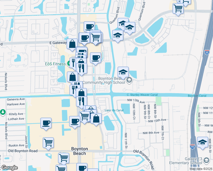 map of restaurants, bars, coffee shops, grocery stores, and more near 1425 Vía Alferi in Boynton Beach