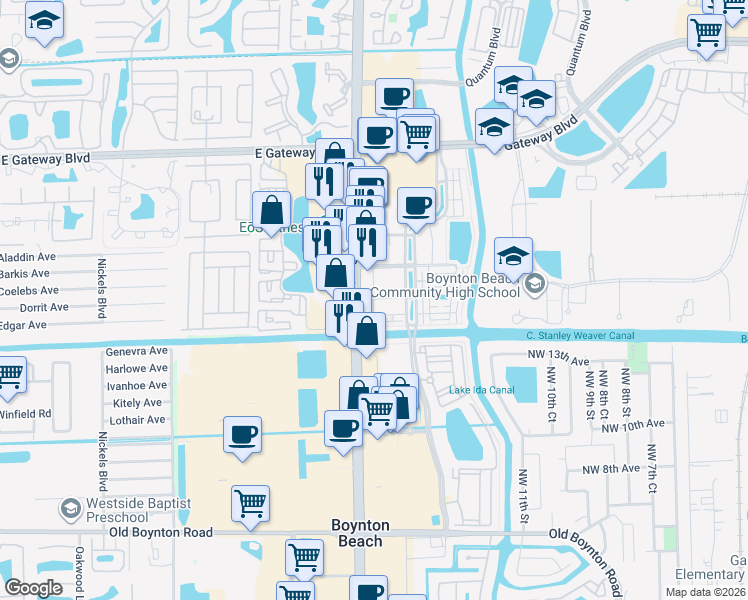 map of restaurants, bars, coffee shops, grocery stores, and more near 3207 Renaissance Way in Boynton Beach