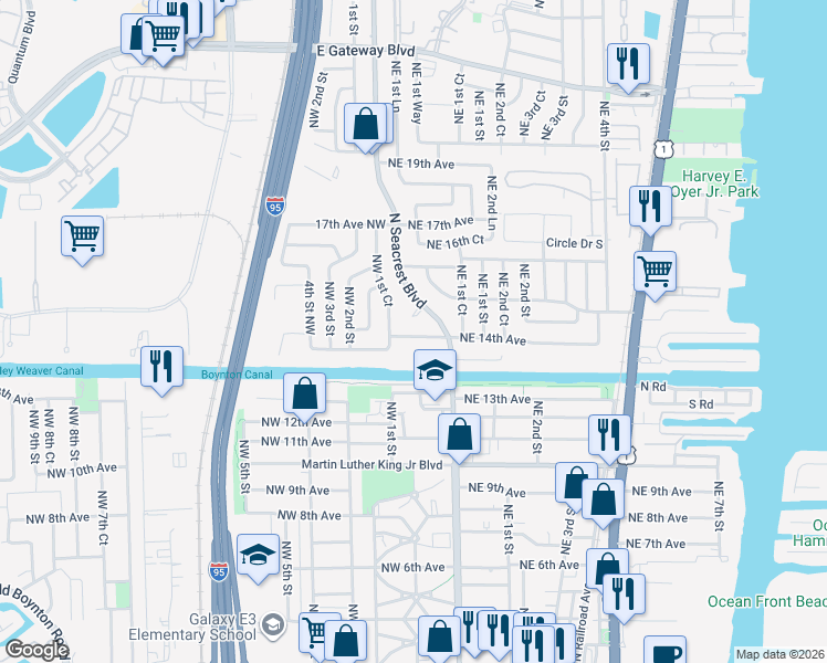 map of restaurants, bars, coffee shops, grocery stores, and more near 1521 North Seacrest Boulevard in Boynton Beach