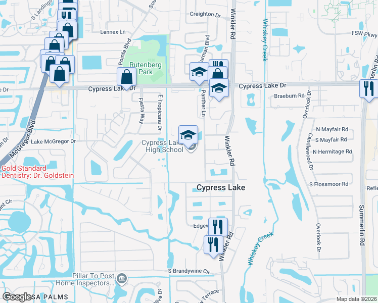 map of restaurants, bars, coffee shops, grocery stores, and more near 6750 Panther Lane in Fort Myers
